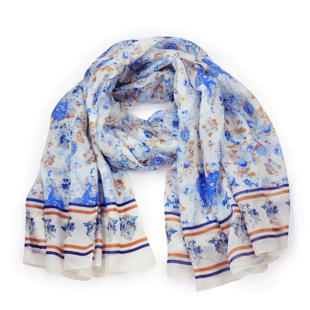 100% Silk Spanish Design Scarves (Blue Floral)