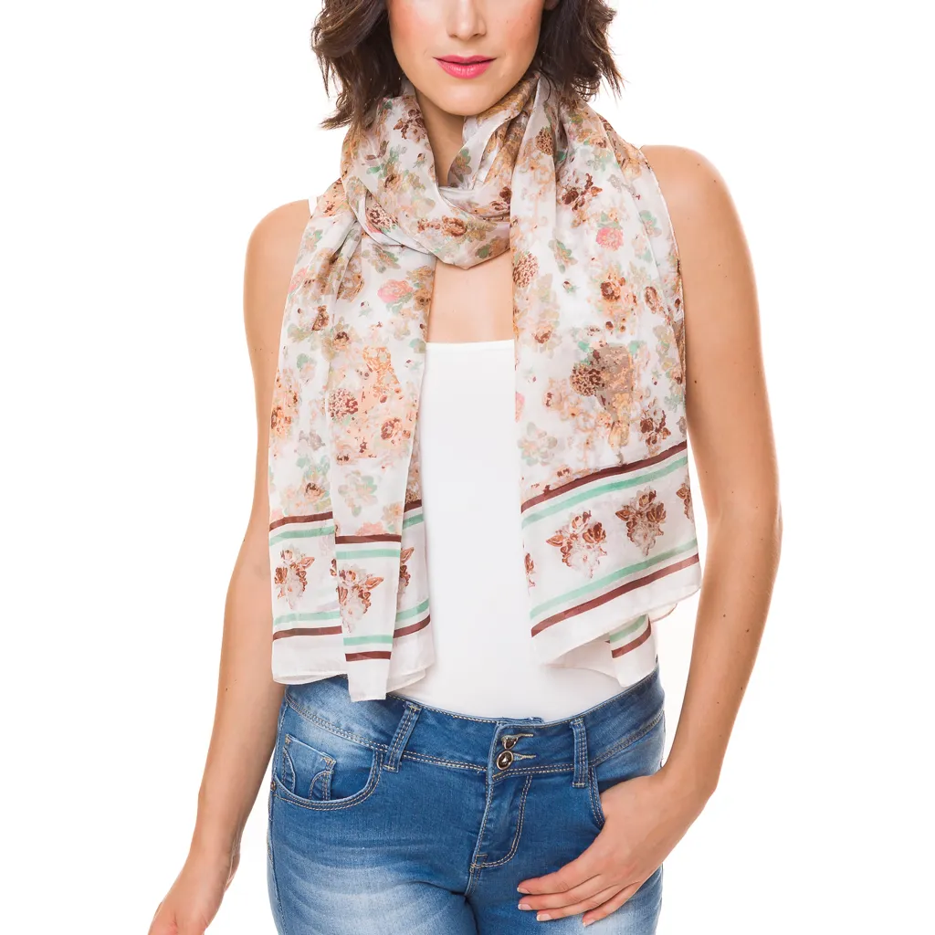100% Silk Spanish Design Scarves (Brown Floral)