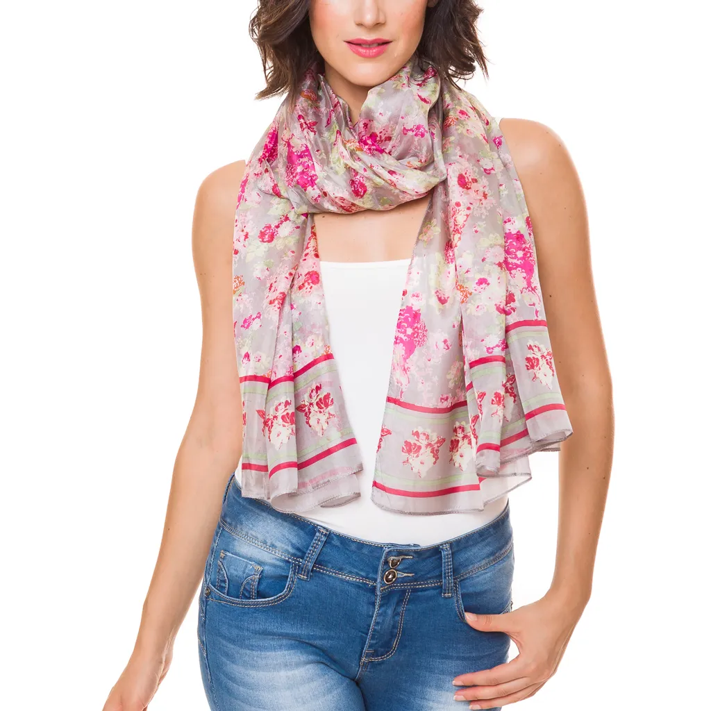 100% Silk Spanish Design Scarves (Gray Floral)