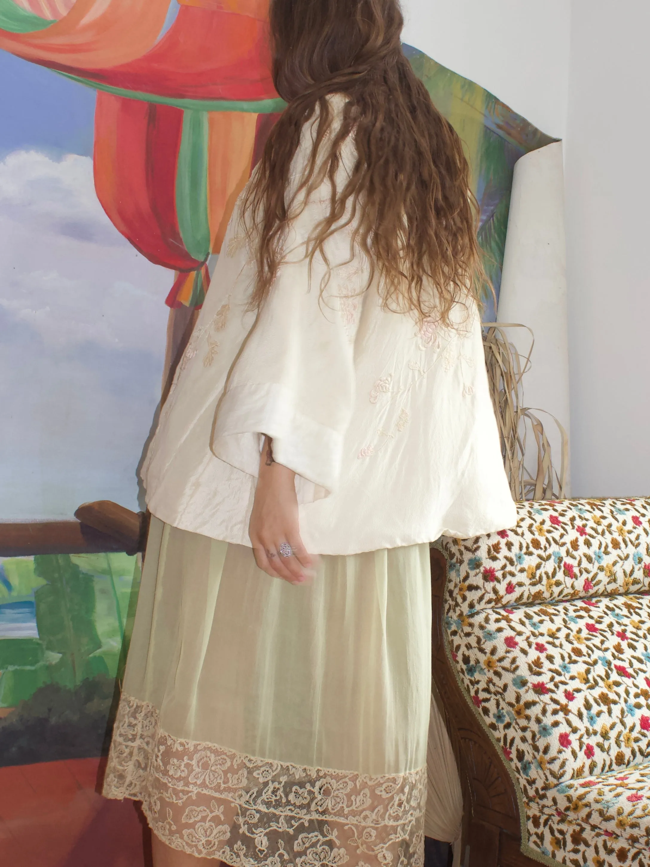 1920s Embroidered Chrysanthemum Silk Bell Sleeve Kimono