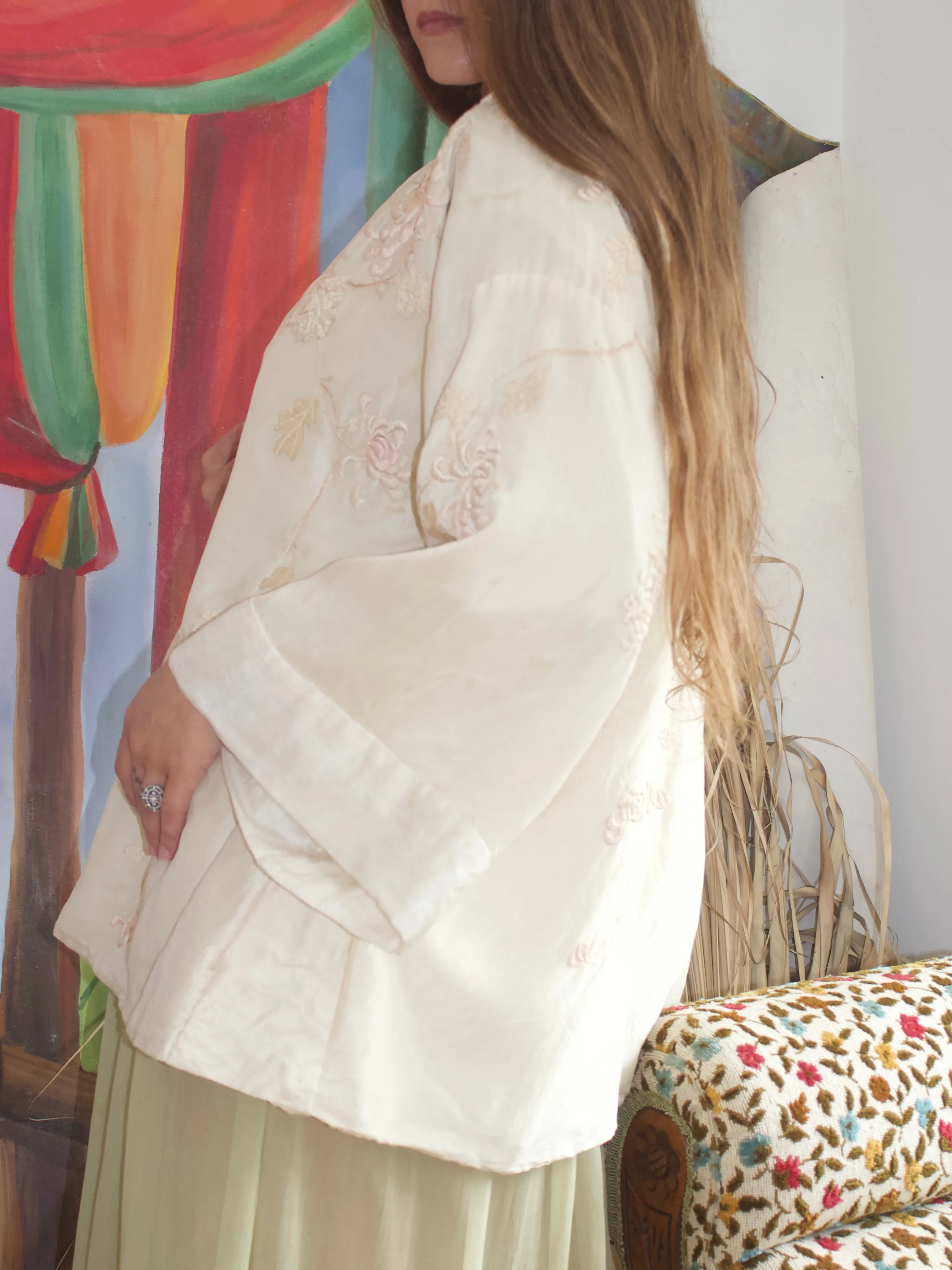 1920s Embroidered Chrysanthemum Silk Bell Sleeve Kimono