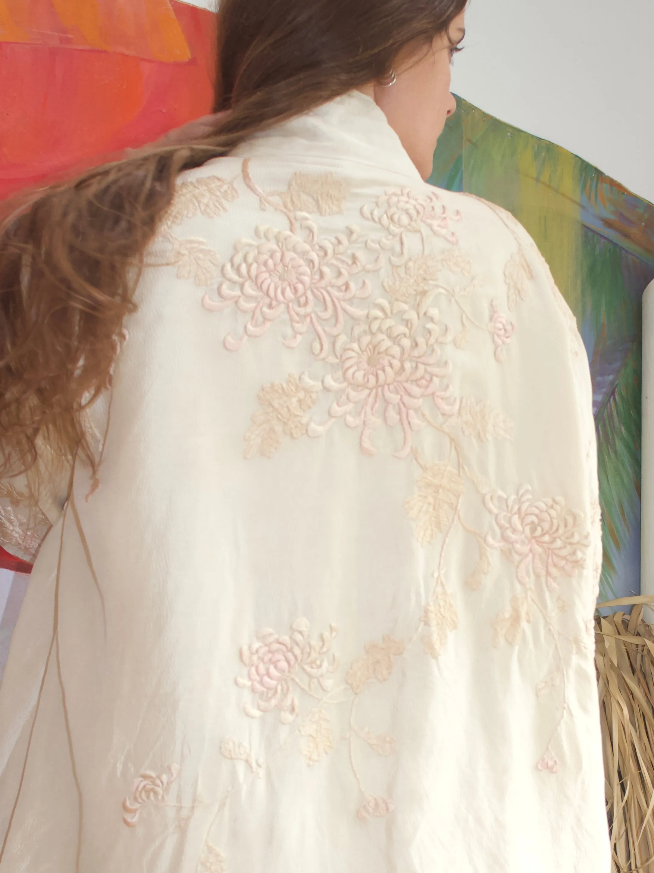 1920s Embroidered Chrysanthemum Silk Bell Sleeve Kimono