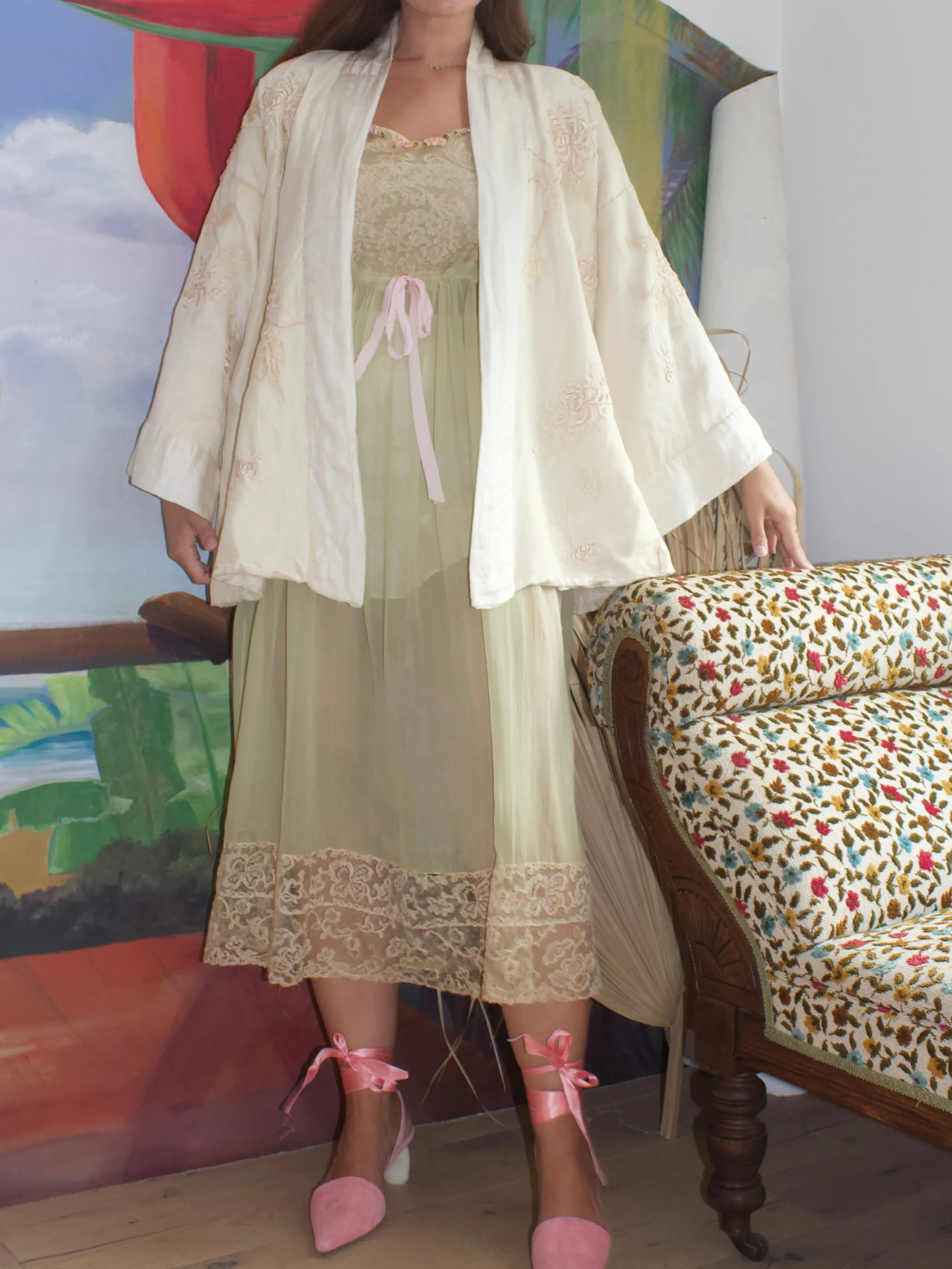 1920s Embroidered Chrysanthemum Silk Bell Sleeve Kimono