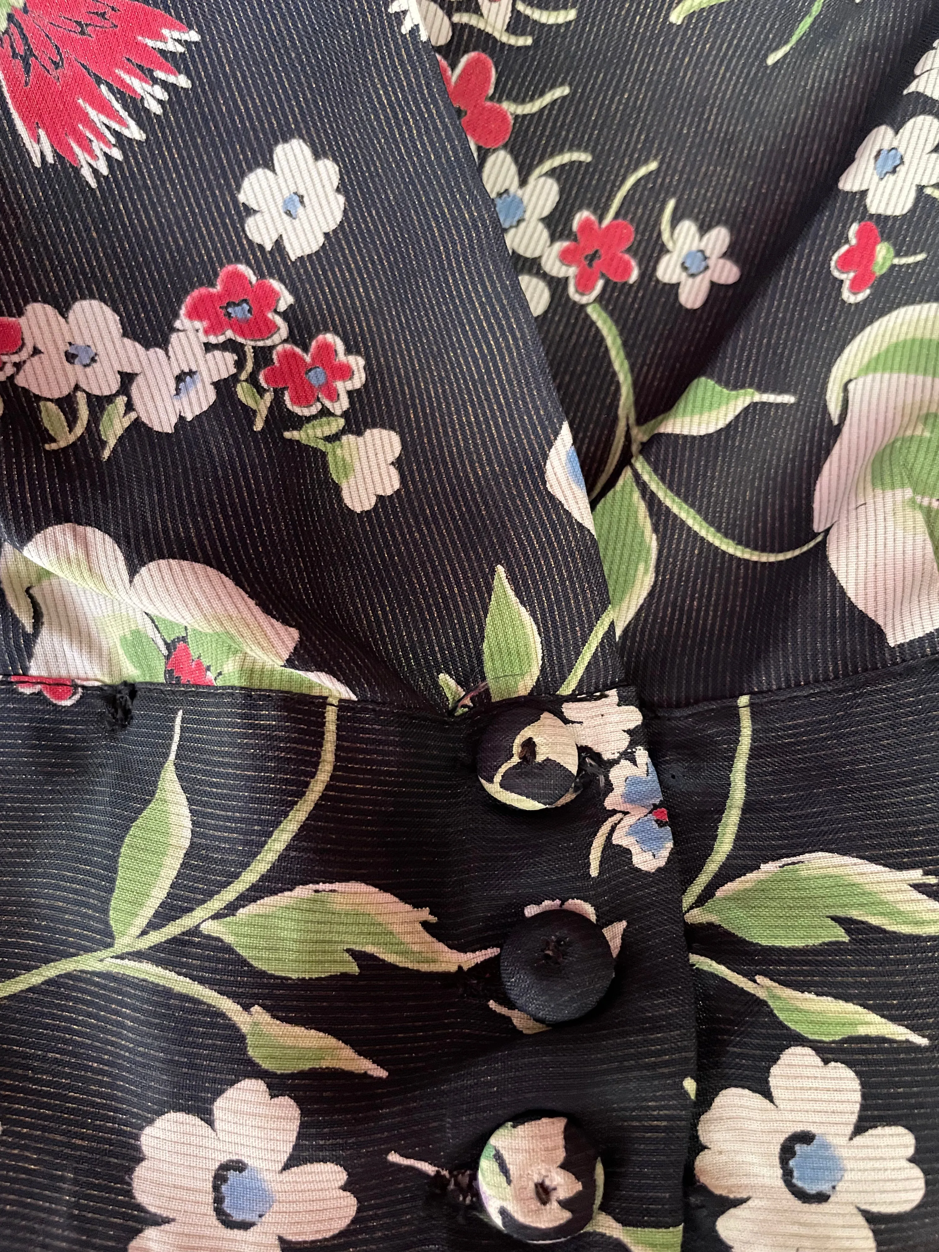 1930s Floral Silk Puff Sleeve Cropped Blouse
