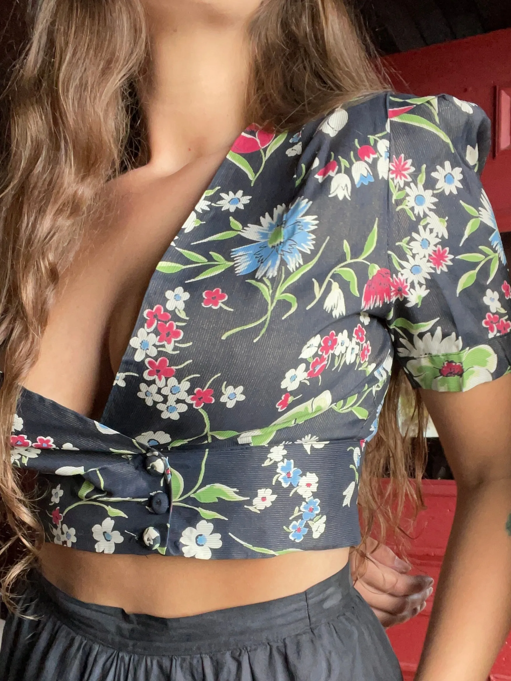 1930s Floral Silk Puff Sleeve Cropped Blouse