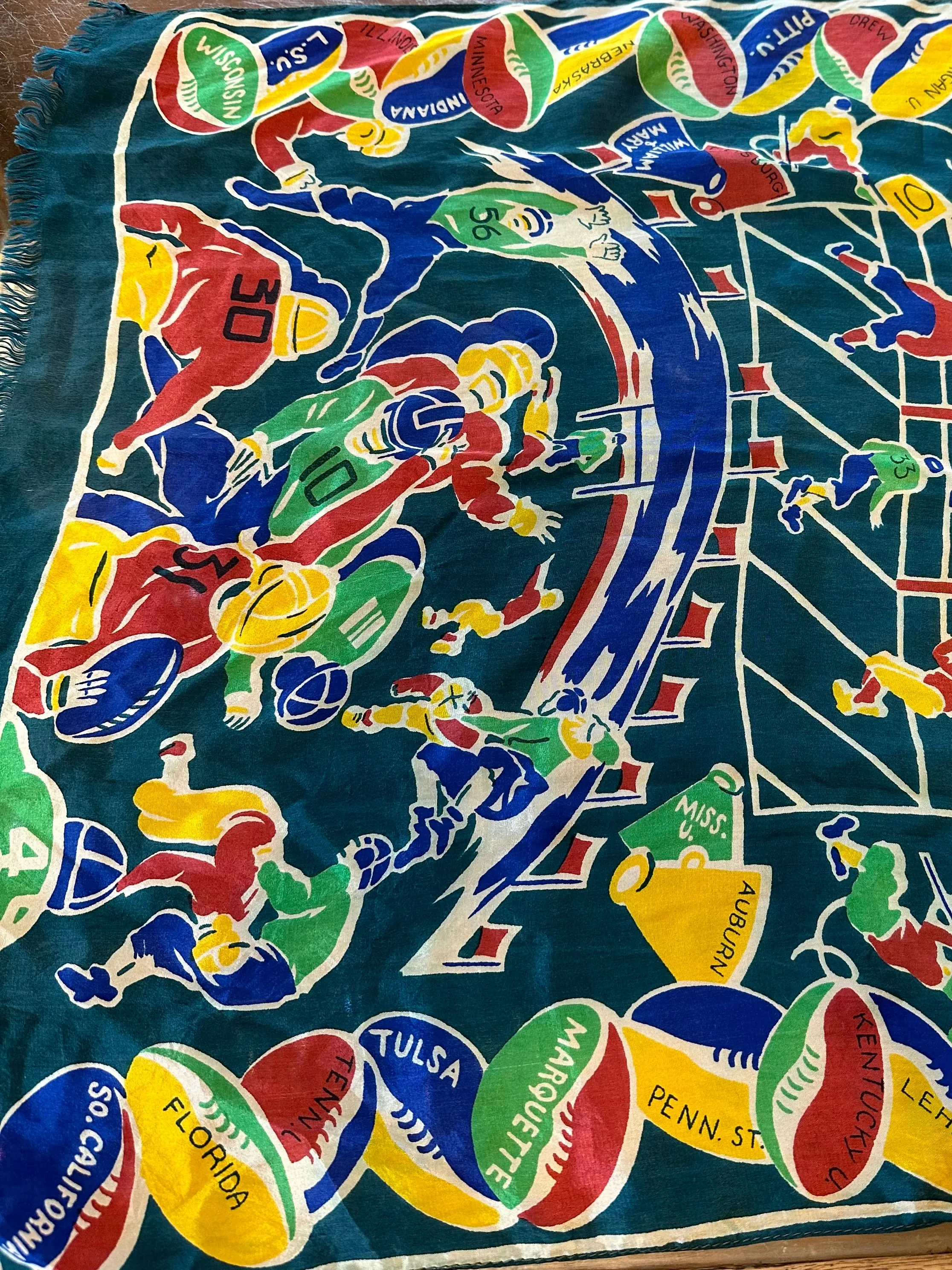 1940s College University Football Team Ladies Scarf Green Blue Red Yellow Rare!