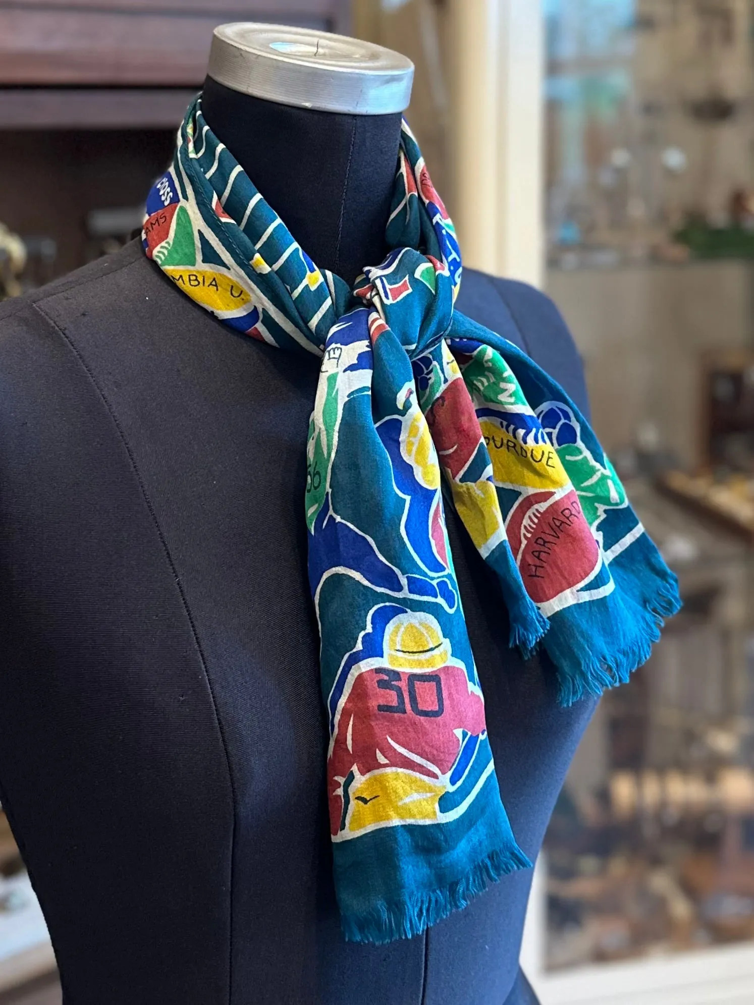 1940s College University Football Team Ladies Scarf Green Blue Red Yellow Rare!