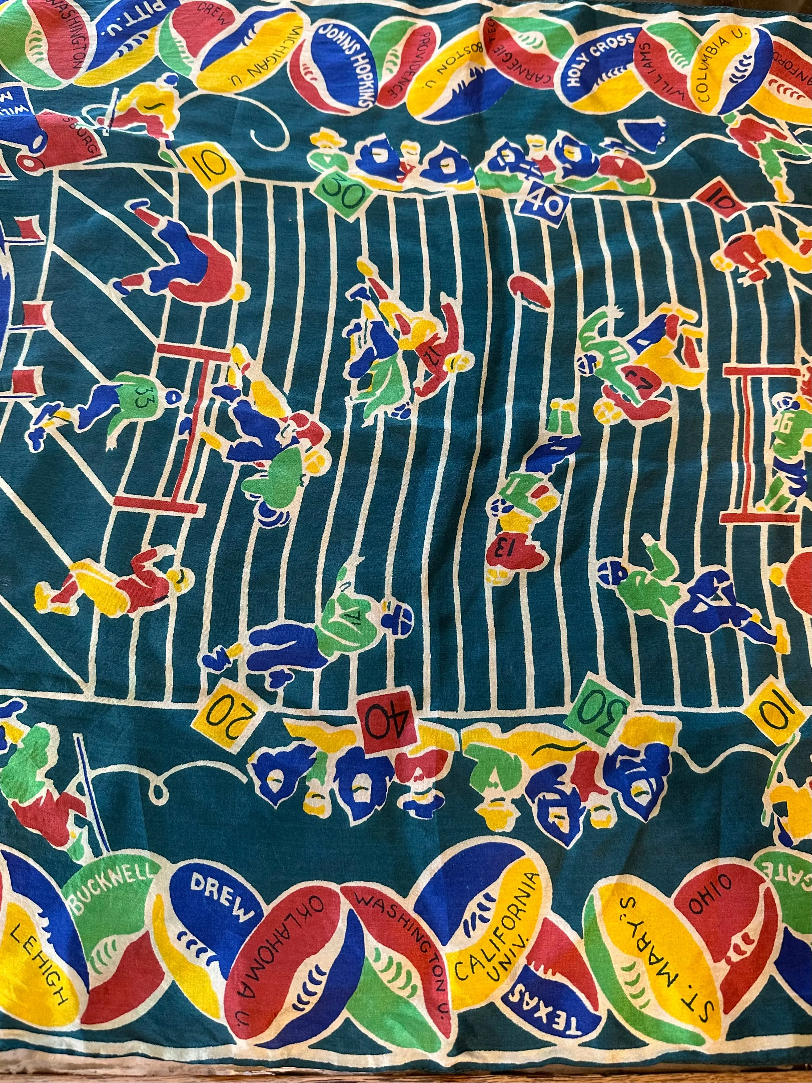 1940s College University Football Team Ladies Scarf Green Blue Red Yellow Rare!