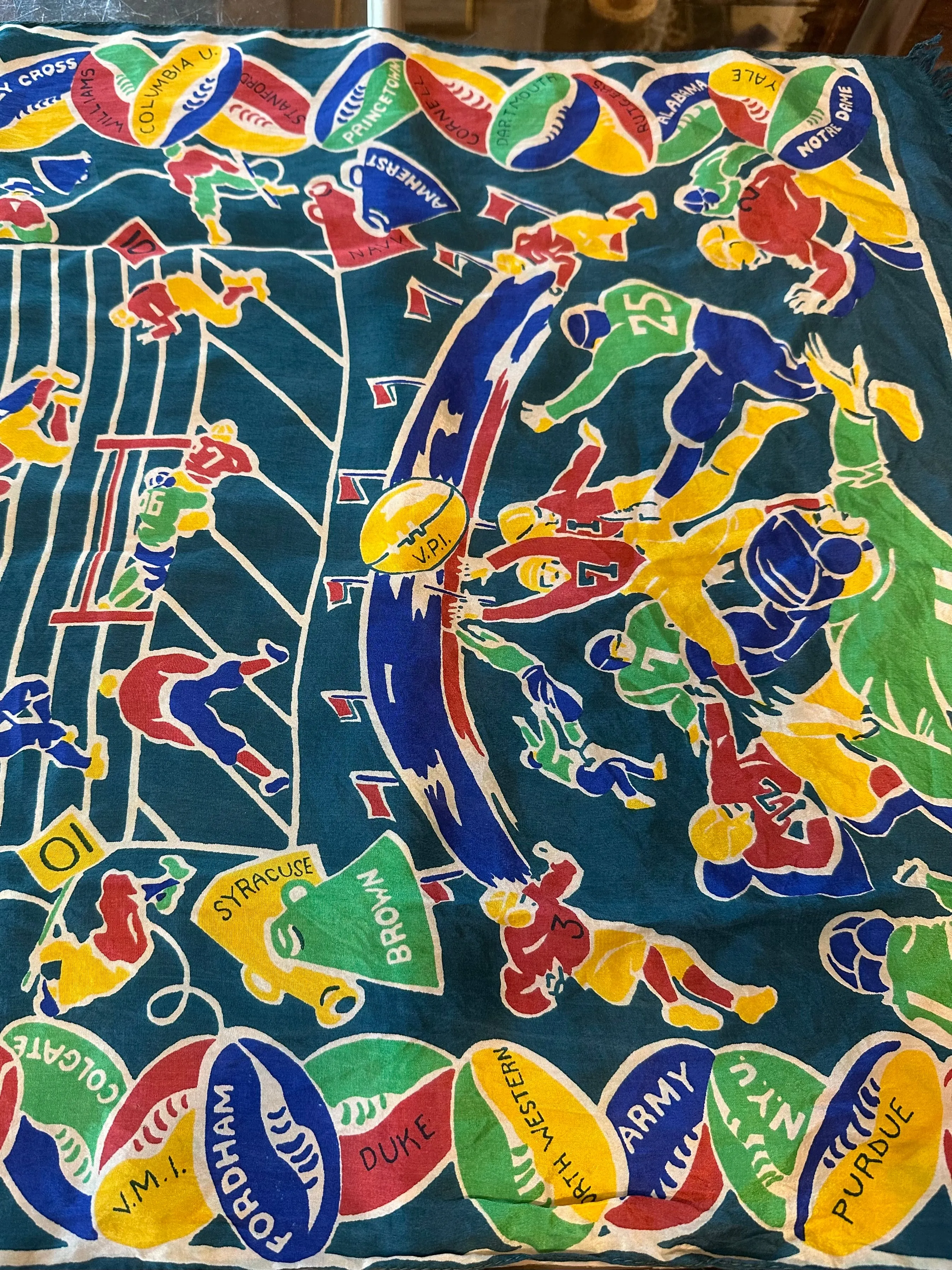 1940s College University Football Team Ladies Scarf Green Blue Red Yellow Rare!