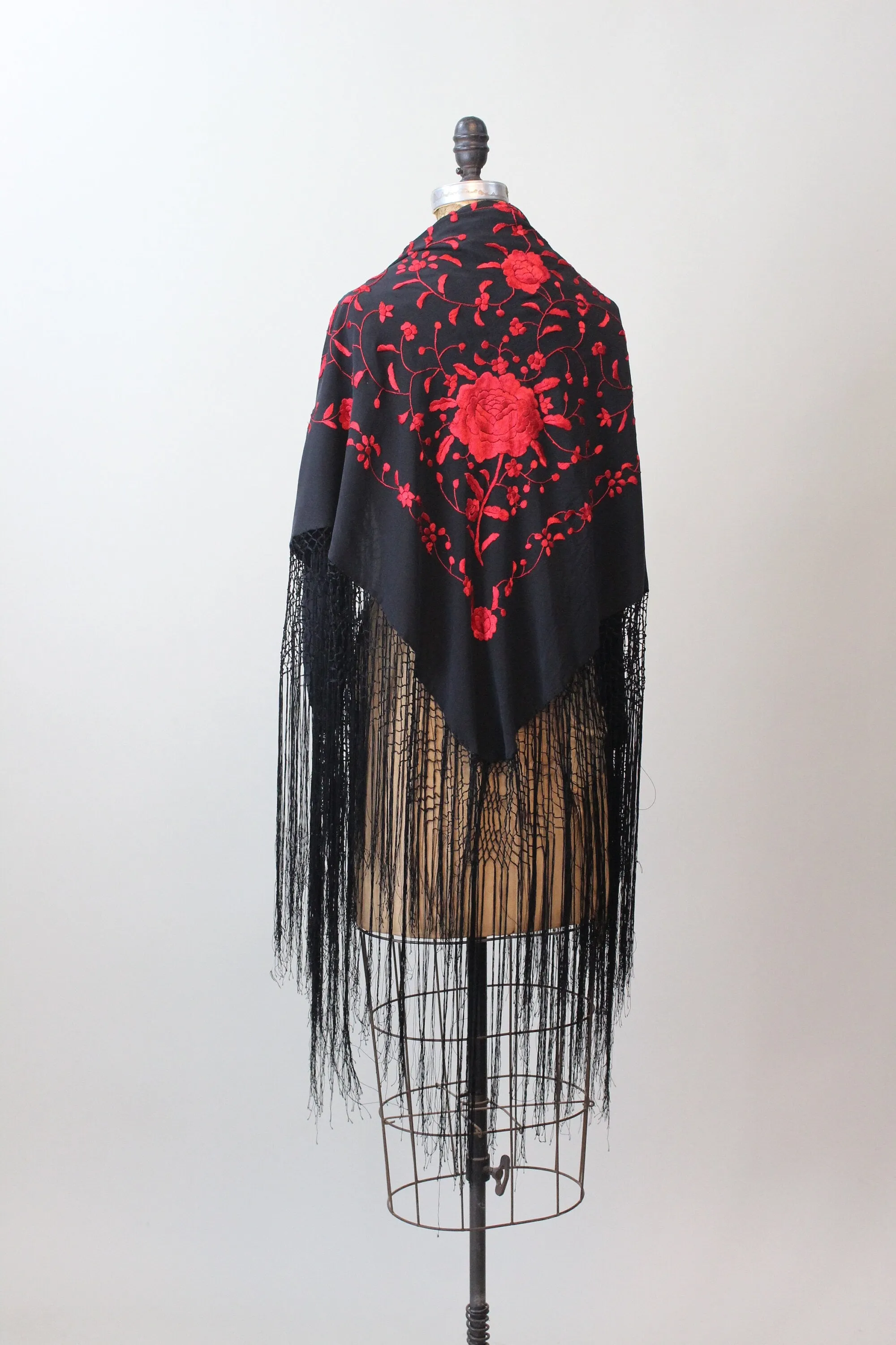 1940s RED ROSES silk piano embroidered floral silk scarf | new spring