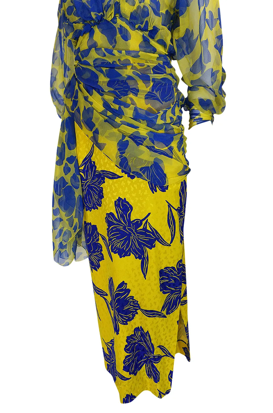 1970s James Galanos Couture Draped Printed Floral Silk Dress