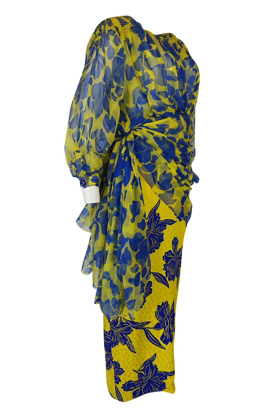1970s James Galanos Couture Draped Printed Floral Silk Dress