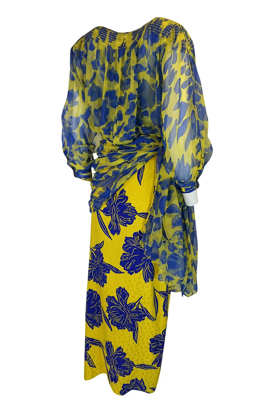 1970s James Galanos Couture Draped Printed Floral Silk Dress