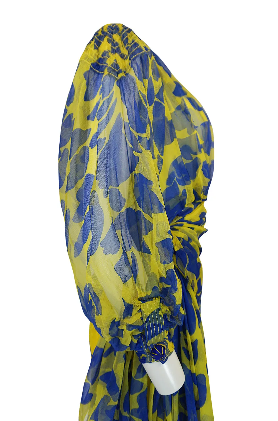 1970s James Galanos Couture Draped Printed Floral Silk Dress