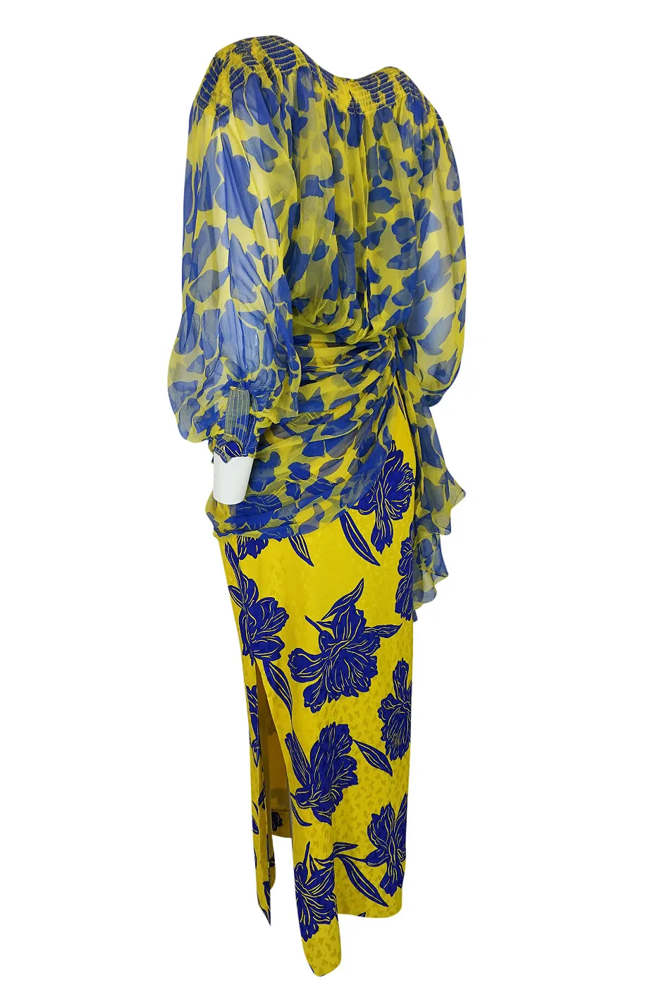 1970s James Galanos Couture Draped Printed Floral Silk Dress