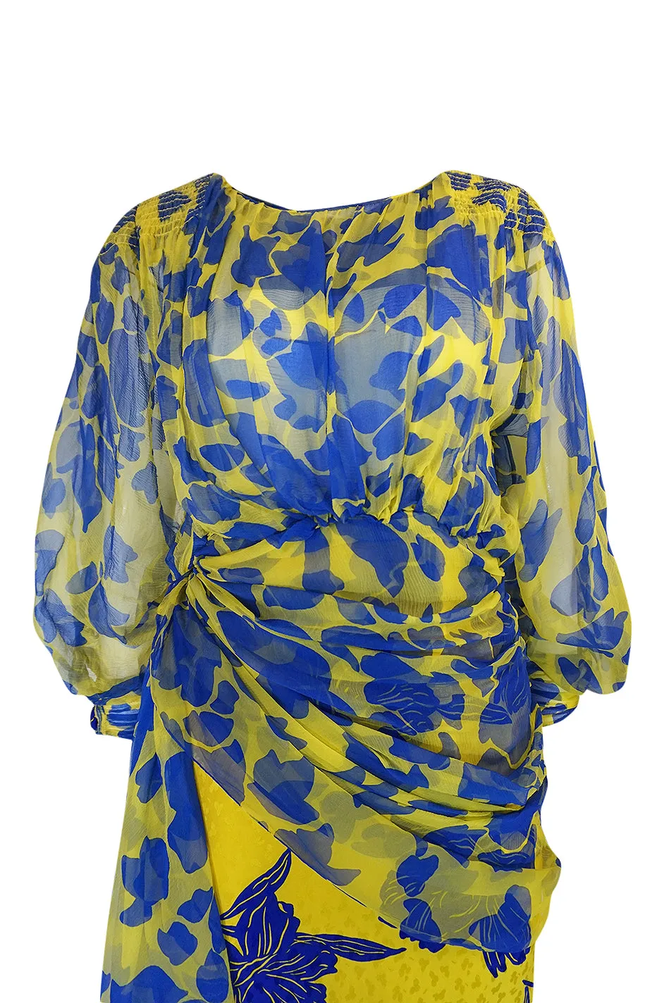 1970s James Galanos Couture Draped Printed Floral Silk Dress