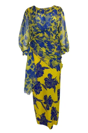 1970s James Galanos Couture Draped Printed Floral Silk Dress