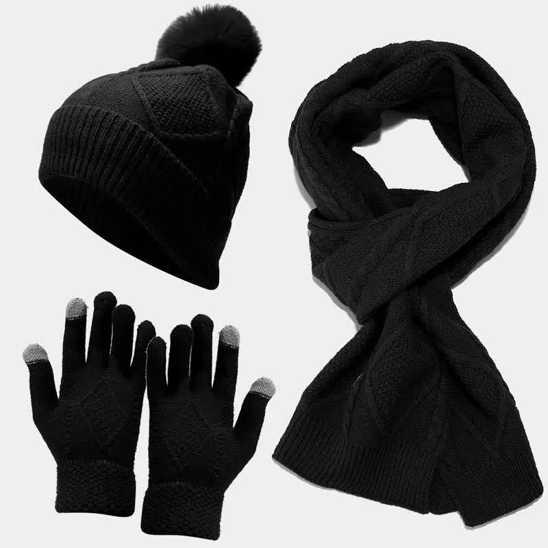 3-Piece Knitted Accessory Set for Women - Hat, Scarf and Gloves in Soft Fabric
