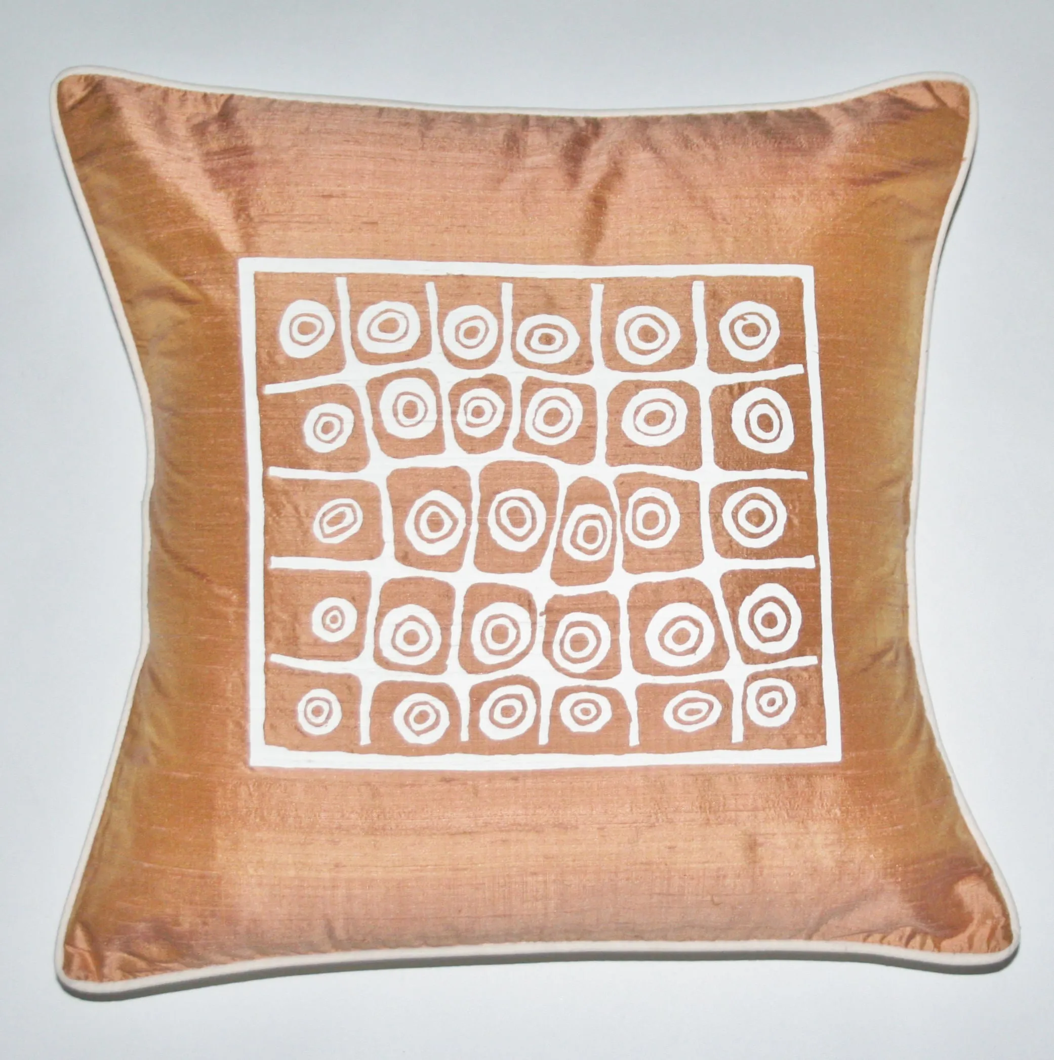 African Silk Pillow Golden Tan Color With White Abstract Repeat Tribal Symbols Handwoven Raw Silk