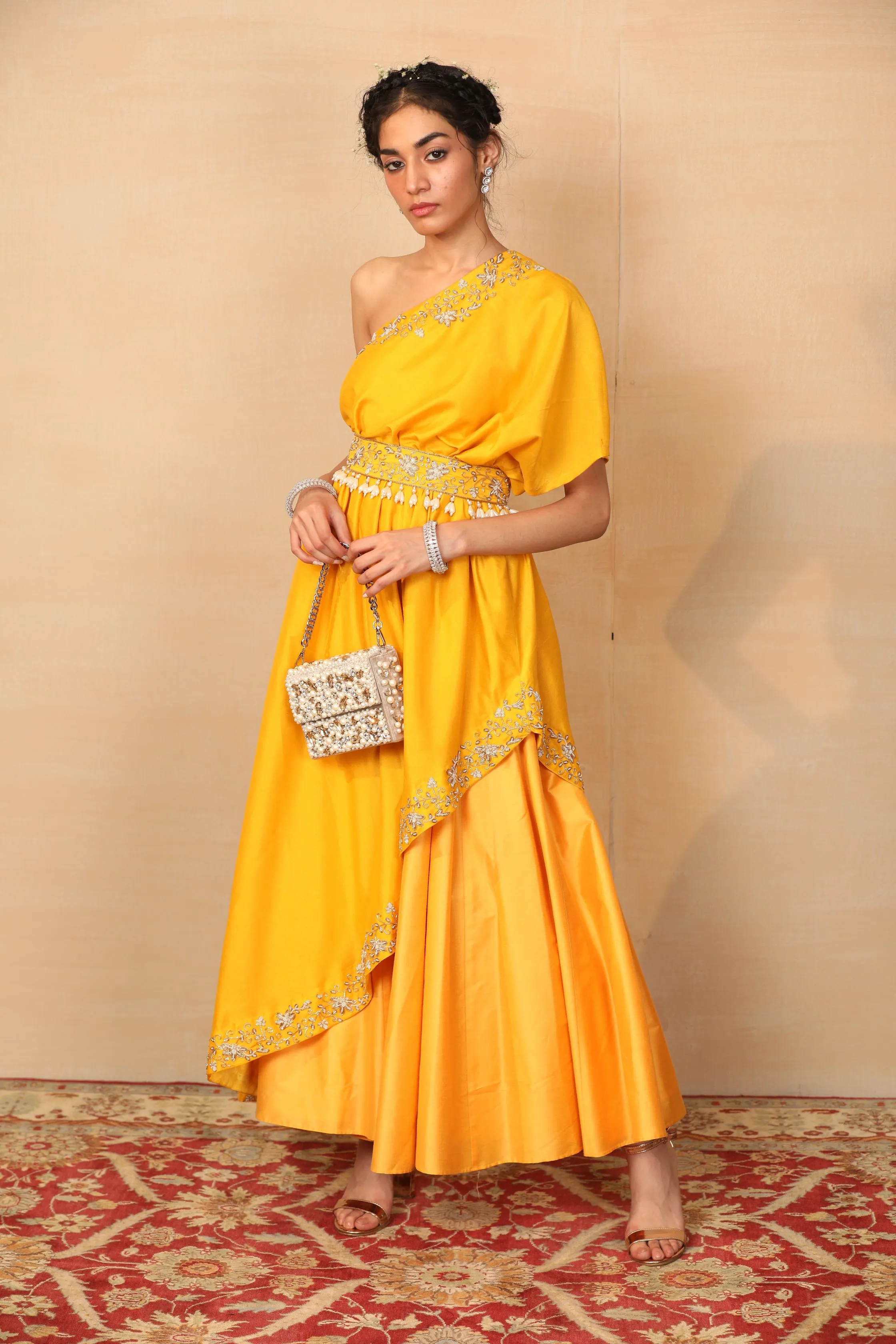 AMBER Mustard One Shoulder Gown