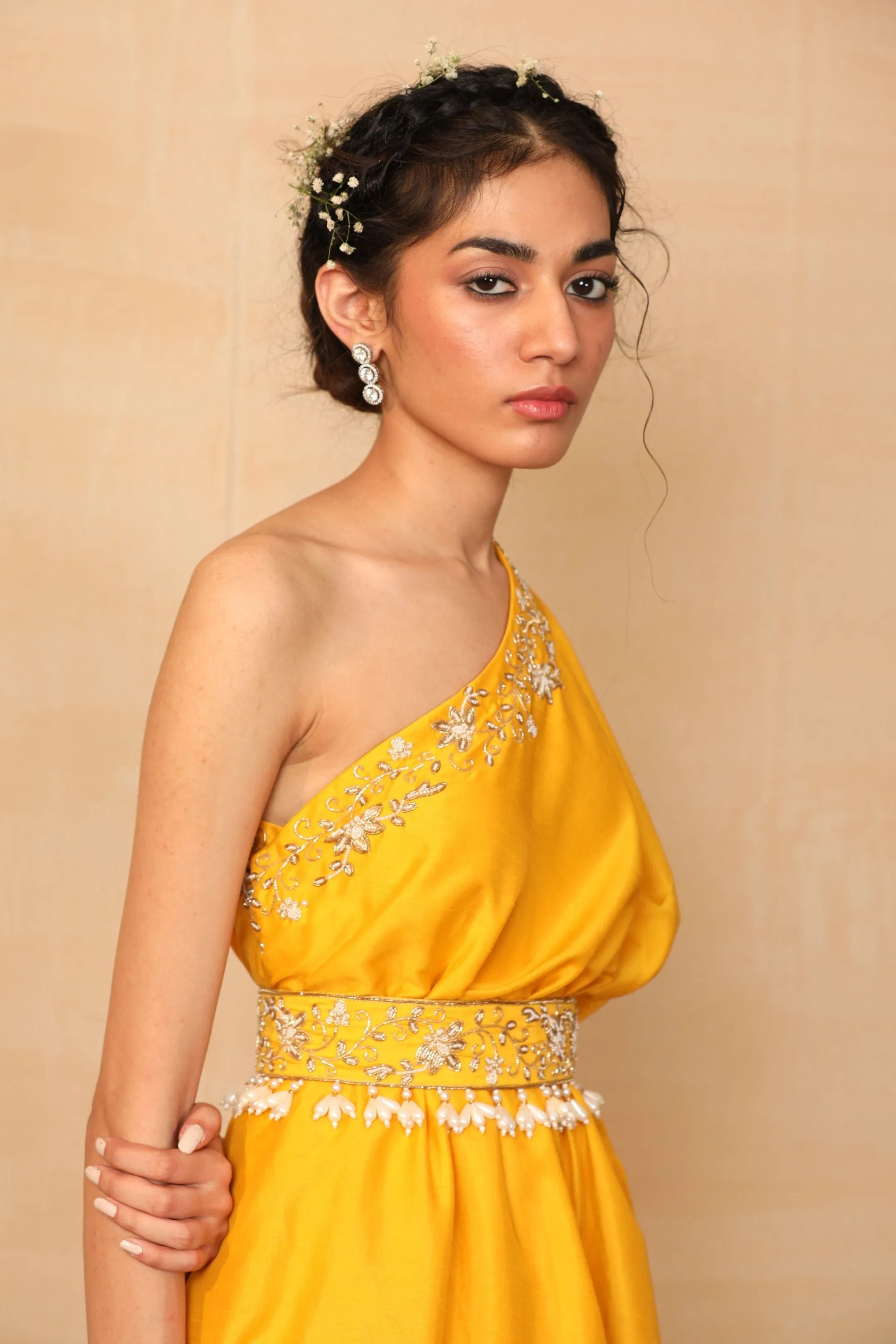 AMBER Mustard One Shoulder Gown