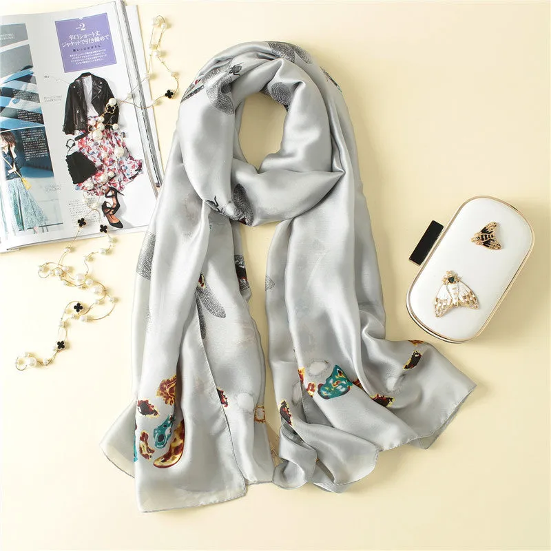 Animal Dragonfly Print Silk Scarf Silky Shawl Wrap for Women Ladies Girls 90x180