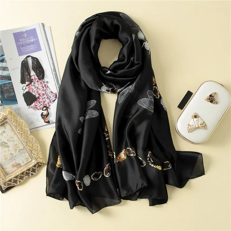 Animal Dragonfly Print Silk Scarf Silky Shawl Wrap for Women Ladies Girls 90x180