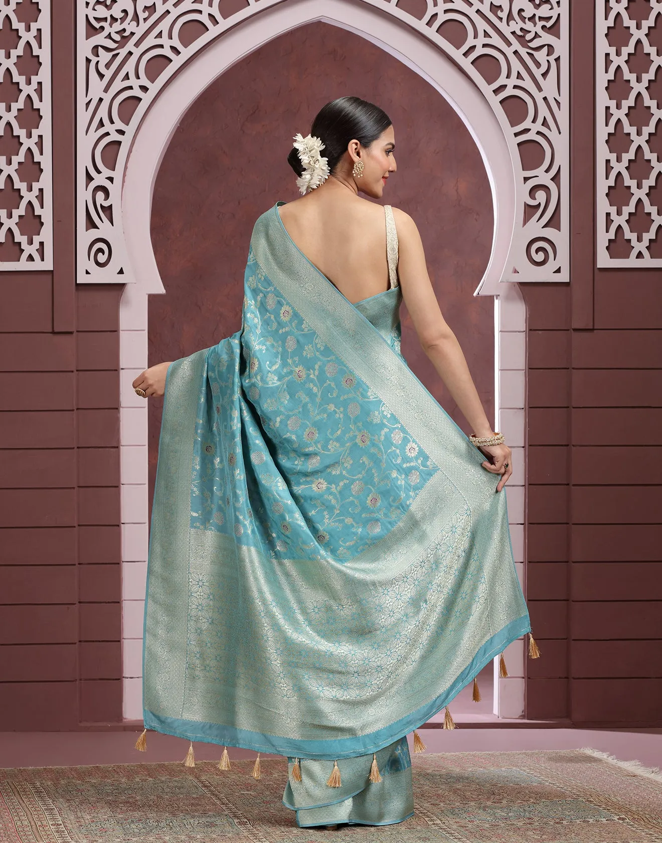 Aqua Mist Floral Jaal Silk Saree
