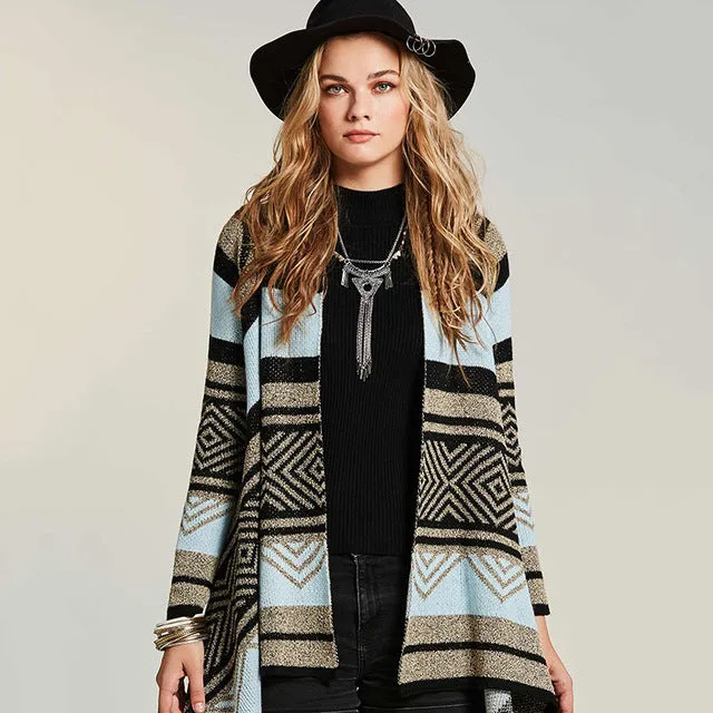 Autumn Winter Warm Poncho Shawls Geometric Vintage Blanket Women's Lady Knit Shawl Cape  Gray Blue Stripe Patchwork Long Sleeve