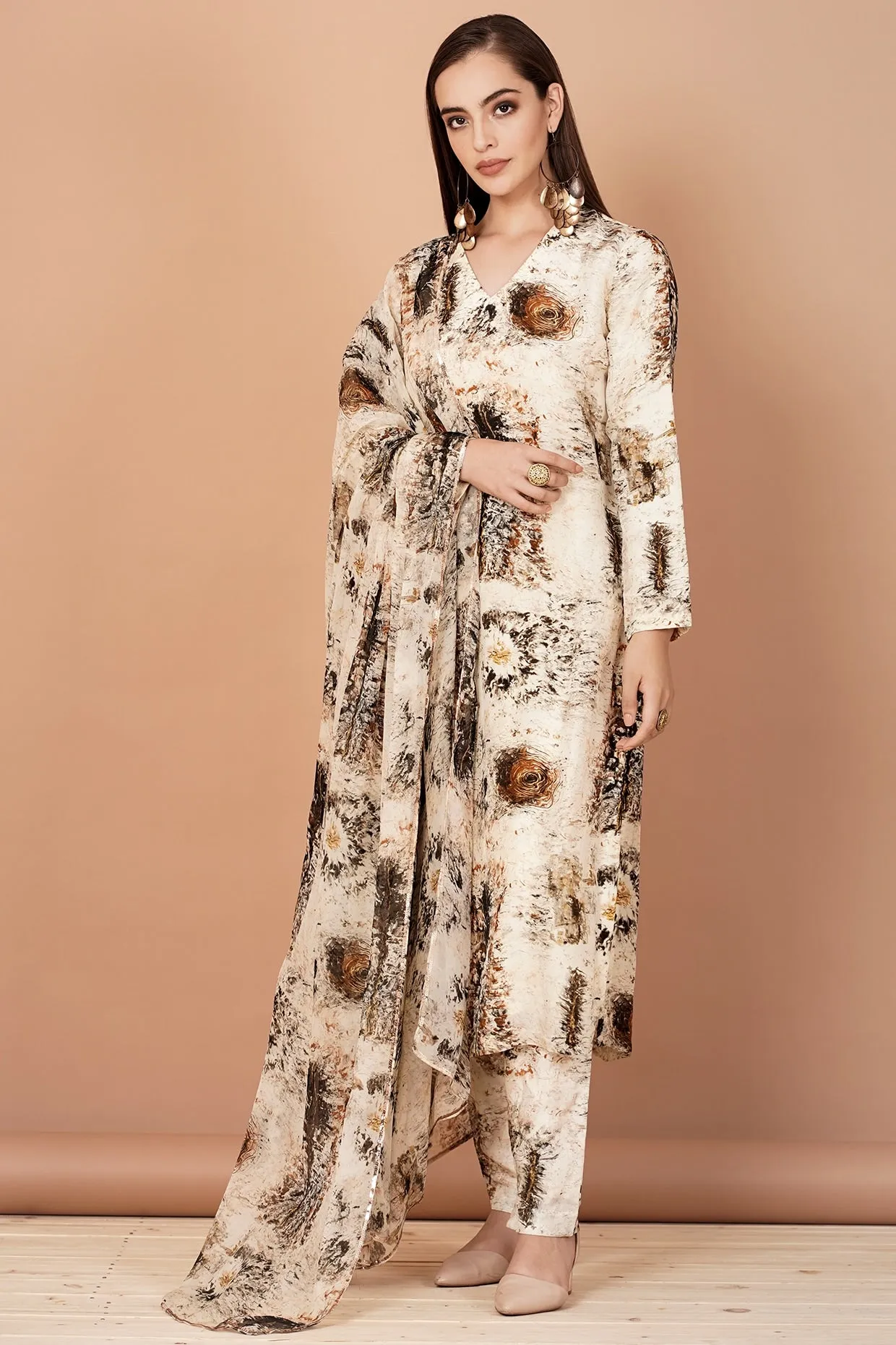 Beige & Brown Printed Kurta Set
