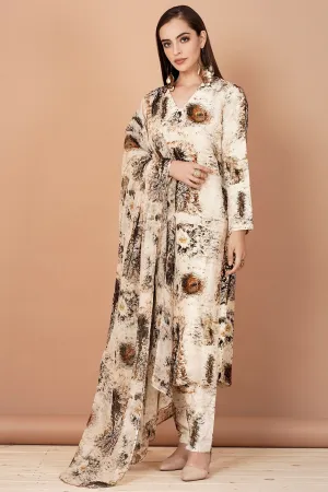 Beige & Brown Printed Kurta Set