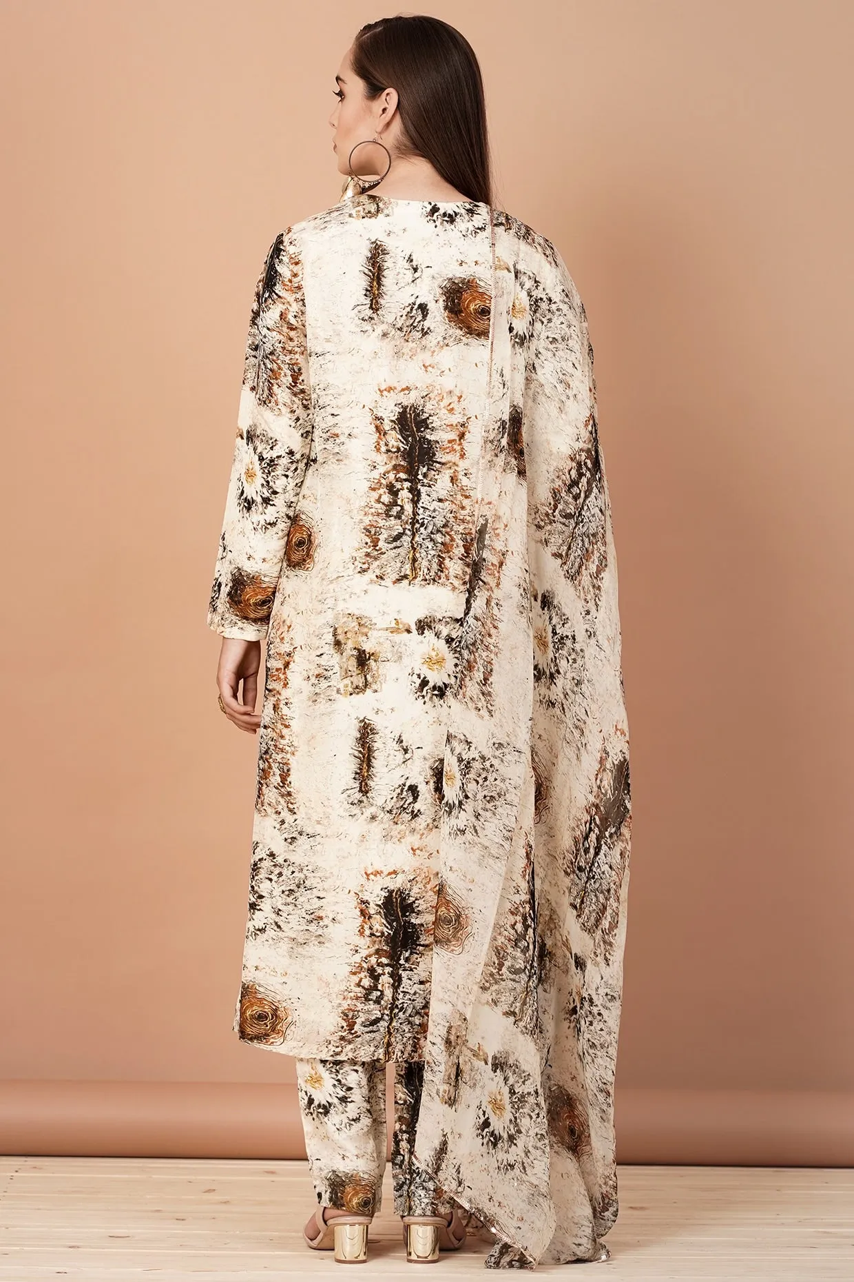 Beige & Brown Printed Kurta Set