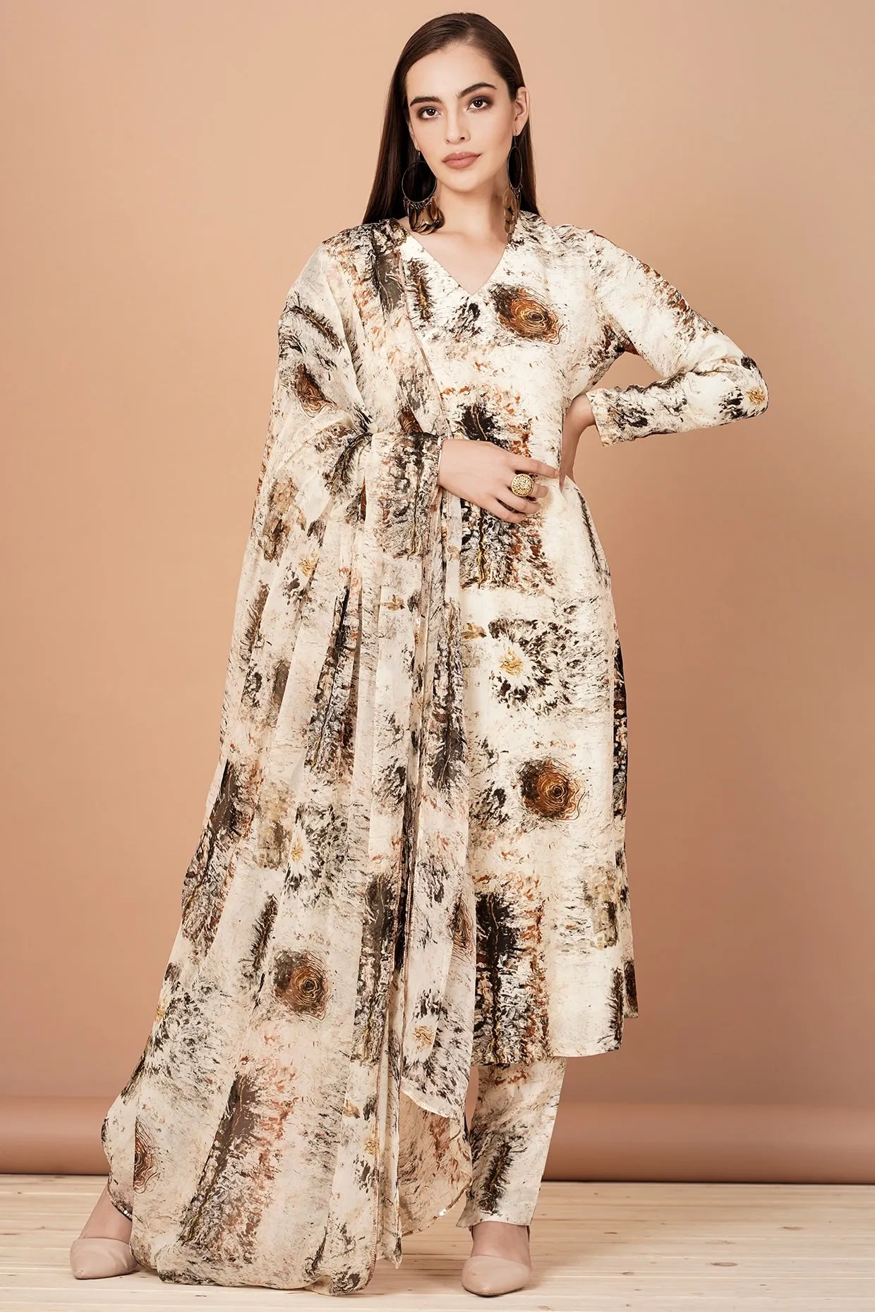 Beige & Brown Printed Kurta Set