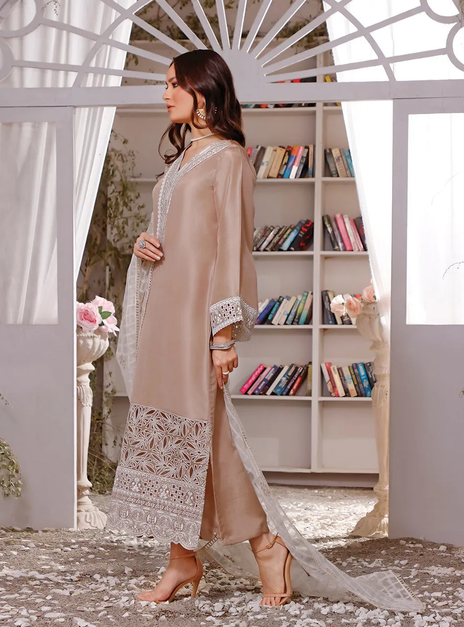 Beige Colored Silk Kameez Trouser Pakistani Eid Dress