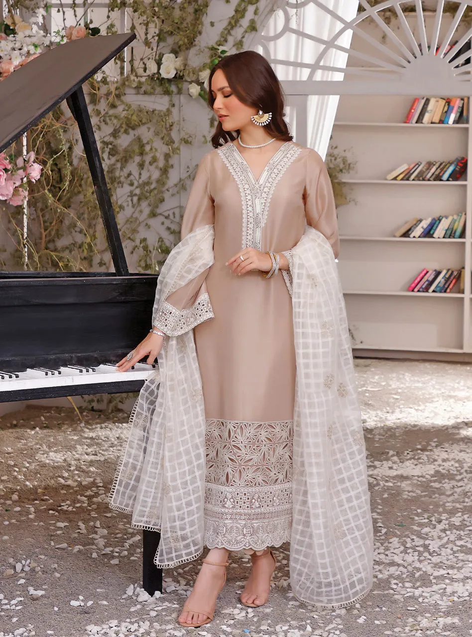 Beige Colored Silk Kameez Trouser Pakistani Eid Dress