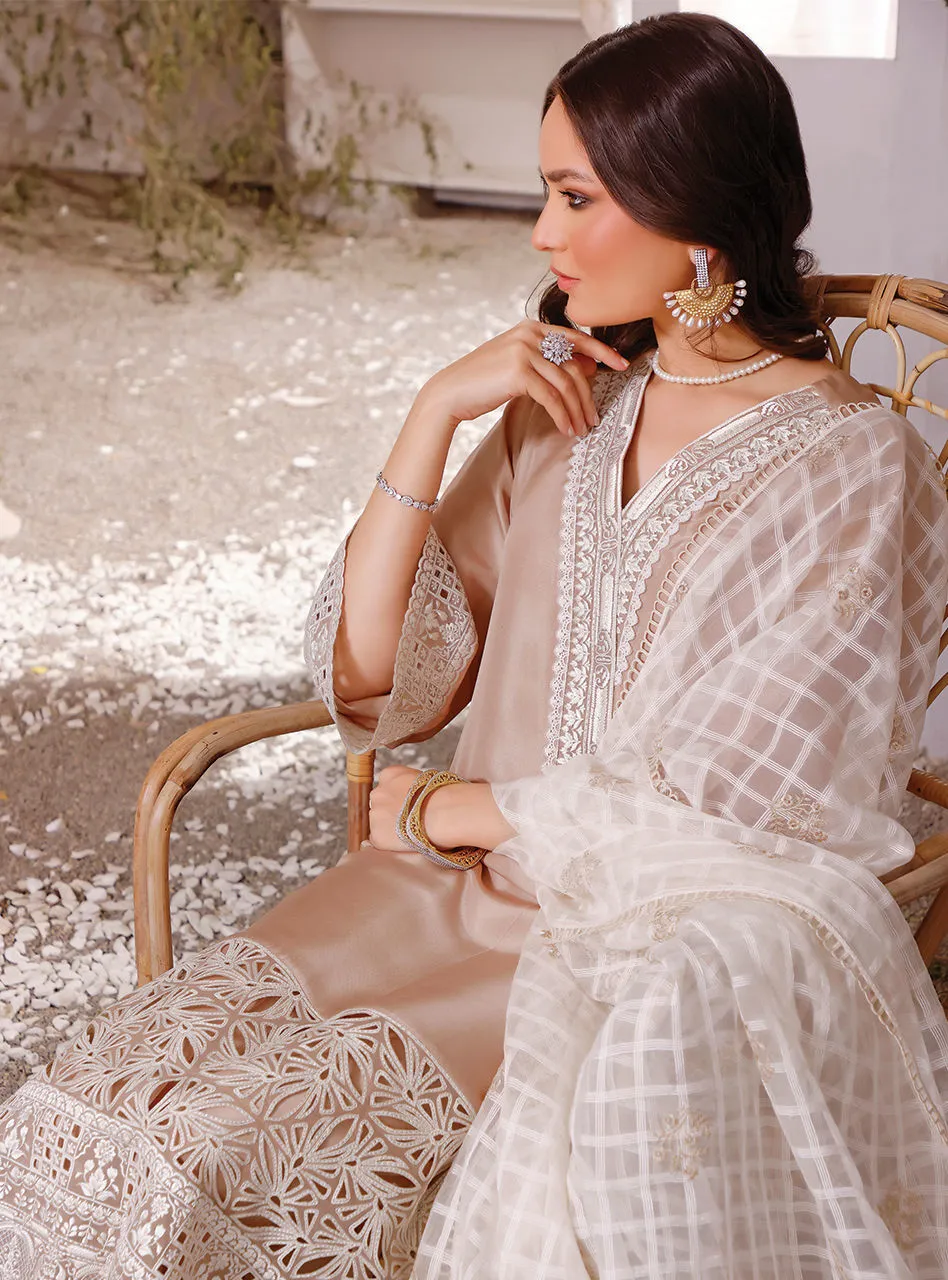 Beige Colored Silk Kameez Trouser Pakistani Eid Dress
