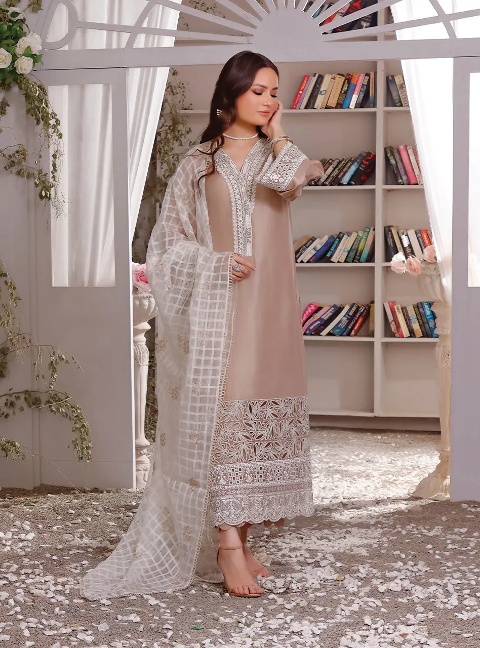 Beige Colored Silk Kameez Trouser Pakistani Eid Dress
