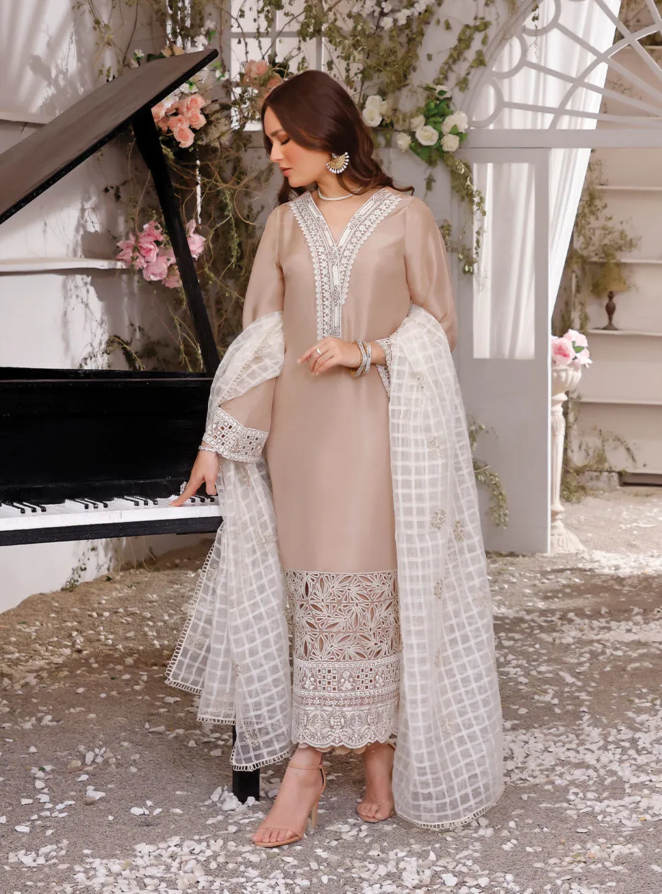 Beige Colored Silk Kameez Trouser Pakistani Eid Dress
