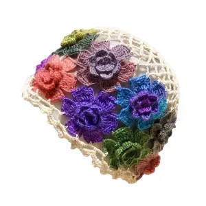 Beige Floral Crochet Knit Hat
