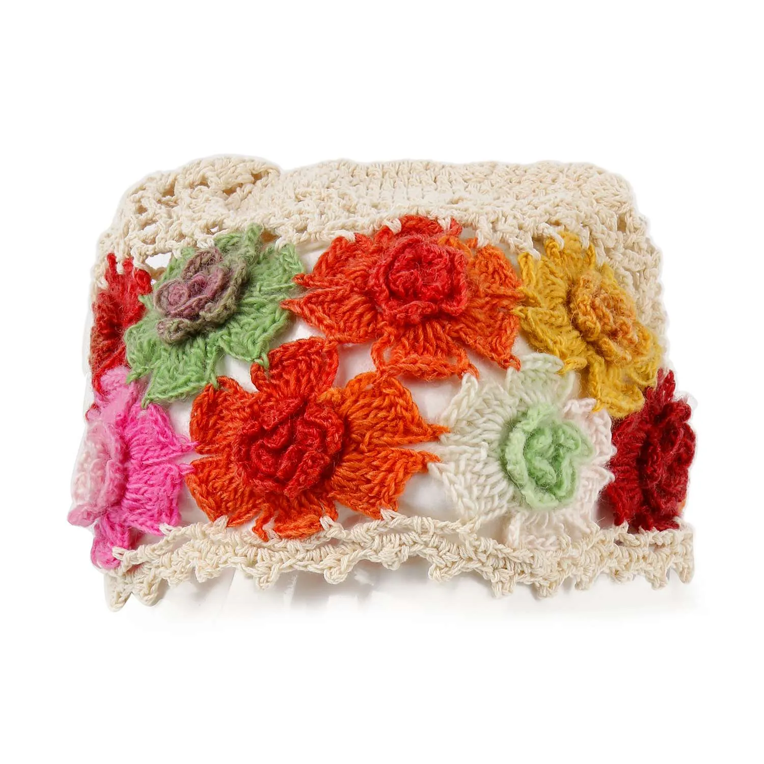 Beige Floral Crochet Knit Hat