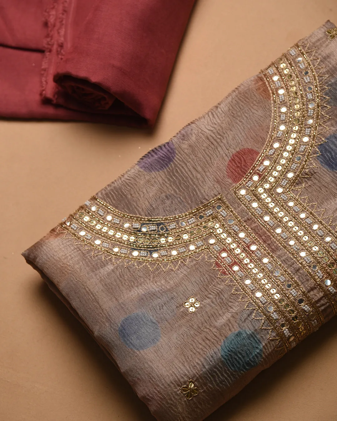 Beige With Carrot Pink Silk Tissue Blend Printed With Hand Embroidery Unstitched Suit Fabric Set With Silk Tissue Blend Printed Dupatta
