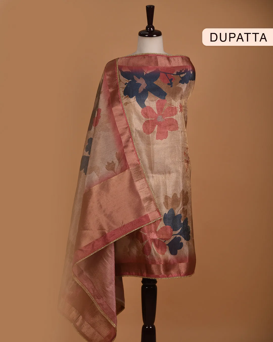 Beige With Carrot Pink Silk Tissue Blend Printed With Hand Embroidery Unstitched Suit Fabric Set With Silk Tissue Blend Printed Dupatta