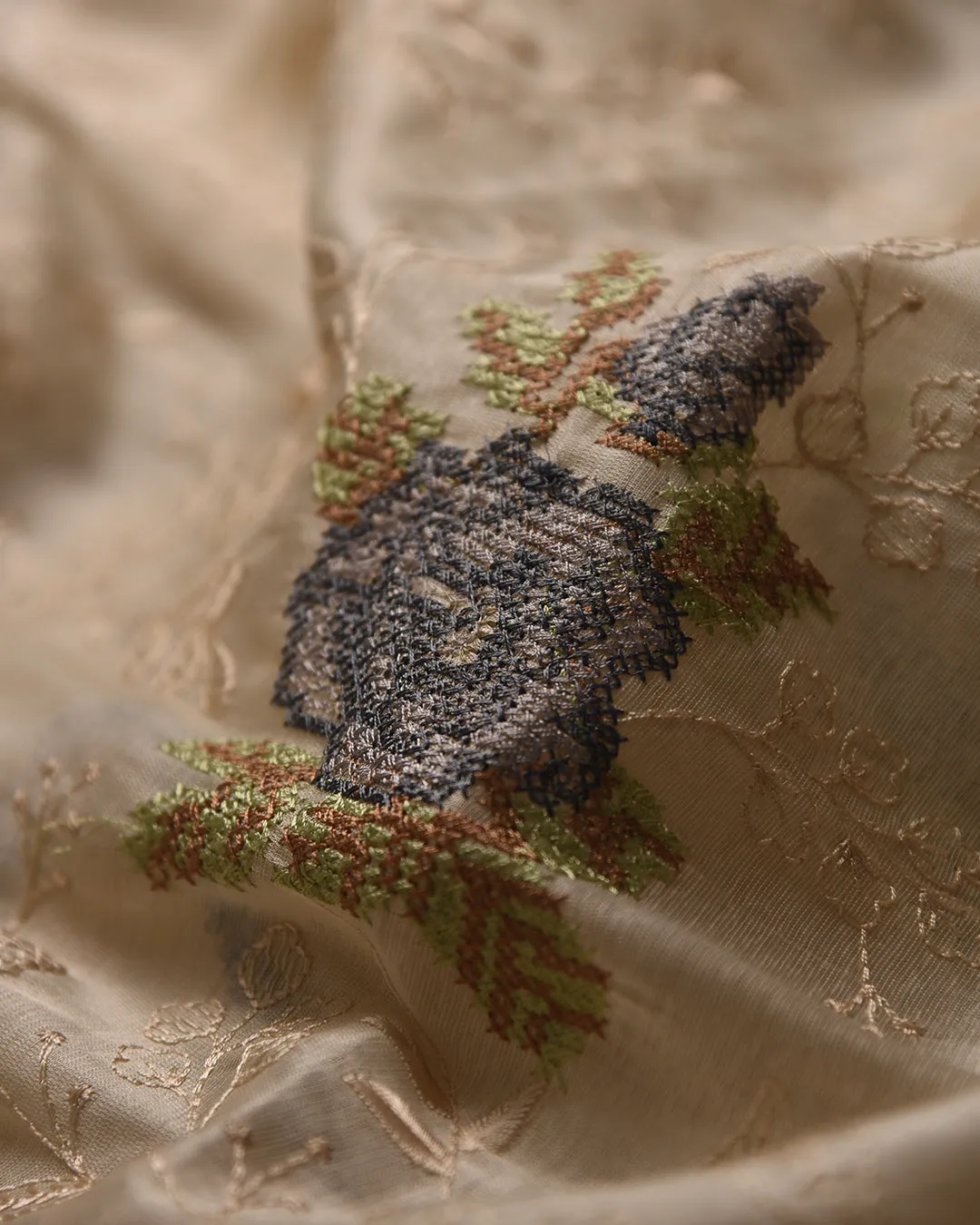 Beige With Gray Silk Blend Embroidered Saree With Silk Tissue Blend Blouse