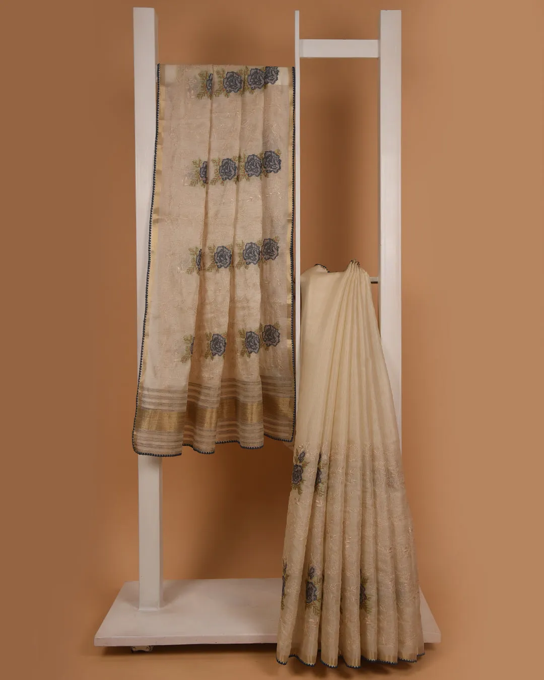 Beige With Gray Silk Blend Embroidered Saree With Silk Tissue Blend Blouse
