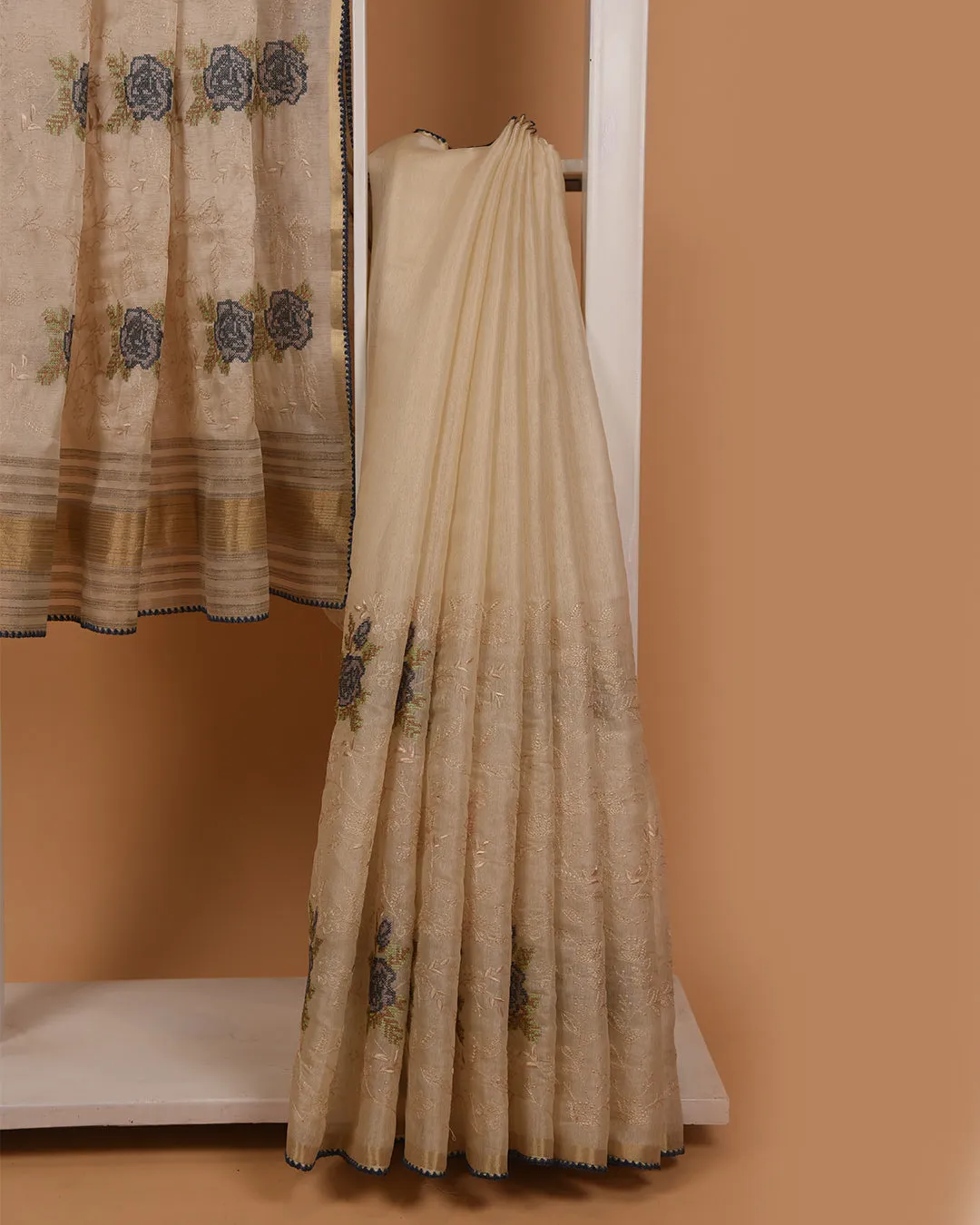 Beige With Gray Silk Blend Embroidered Saree With Silk Tissue Blend Blouse