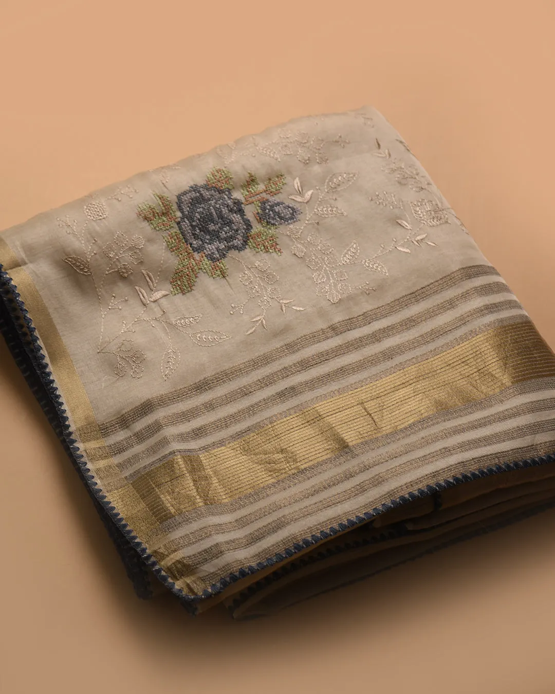 Beige With Gray Silk Blend Embroidered Saree With Silk Tissue Blend Blouse