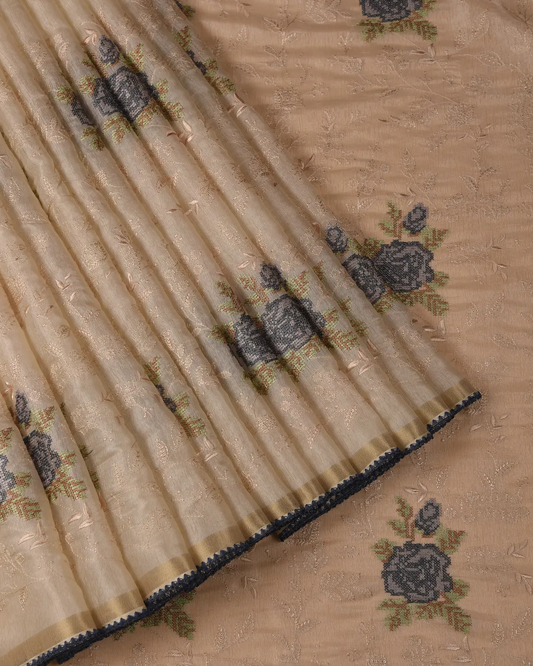 Beige With Gray Silk Blend Embroidered Saree With Silk Tissue Blend Blouse