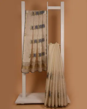 Beige With Gray Silk Blend Embroidered Saree With Silk Tissue Blend Blouse