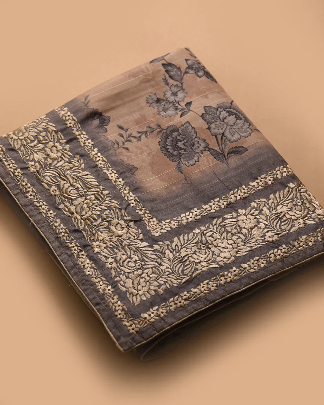 Beige With Gray Silk Blend Printed With Embroidery Saree With Silk Blend Printed Blouse