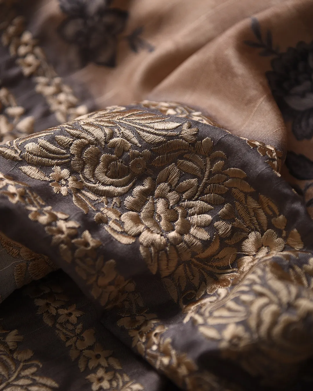 Beige With Gray Silk Blend Printed With Embroidery Saree With Silk Blend Printed Blouse